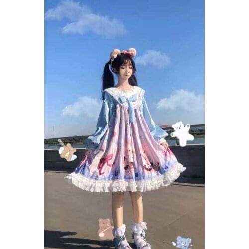 Japanese sweet lolita dress vintage stand puff sleeve high waist cute printing victorian dress kawaii girl gothic lolita op loli