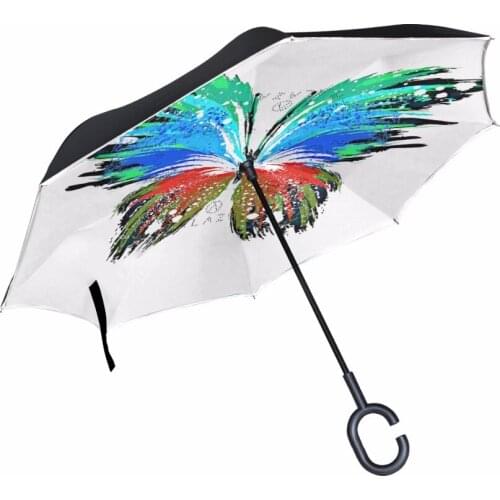 Reverse Umbrella With Butterfly Creatively Customized As Seen On TV Rain & Wind Protection Long Handle Double Layers Umbrella