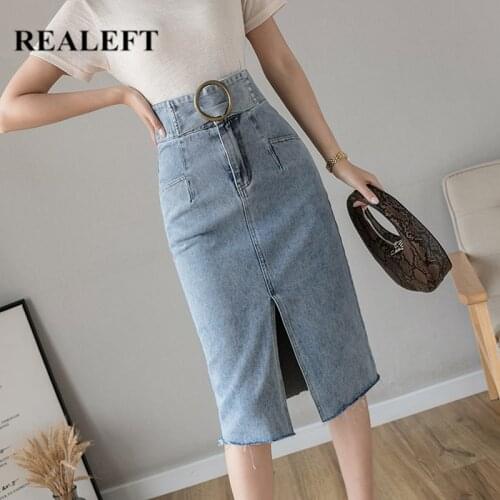 REALEFT 2021 New Spring Summer Vintage Womens Denim Wrap Skirts High Wasit Sashes Jeans Skirts Female Pencil Front Split Skirts