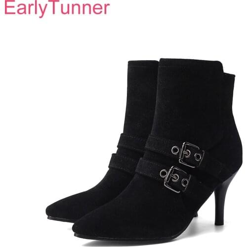 Winter New Comfortable Black Apricot Women Ankle Boots Flock High Spike Heels Lady Shoes Plus Big Small Size 11 30 43 45 48