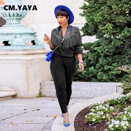 CM.YAYA Women Set Solid Tassel Zip Tops + Stretchy Pants Two 2 Piece Sets Active Tracksuits Casual Outifits Sweatsuits Autumn