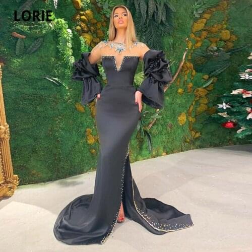 LORIE Arabic Evening Dresses For Women Dubai O-Neck Beaded Puff Sleeves Mermaid Prom Gown Custom Made Black Formal Party Dress
