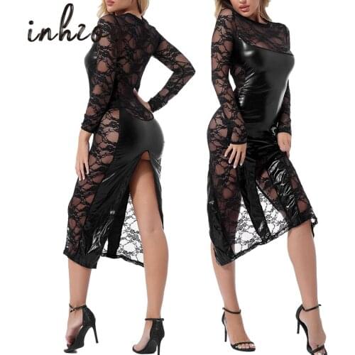 Women Sexy Bodycon Dress Long Sleeve Back Split Wet Look Clubwear Splice Lace Leather Babydoll Transparent Erotic Nightwear