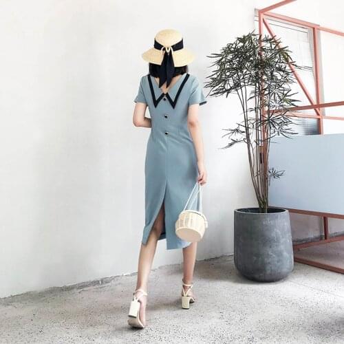 Summer Vintage Lady Peter Pan Collar Dress Elegant Chiffon Slim Botton Solid Blue A-Line Party Dress 2019 New Female