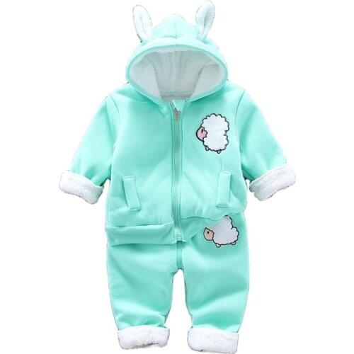 Winter Baby Girl Clothes Children Cotton Plus Velvet Warm Hooded Jacket Pants 2Pcs/sets Toddler Fashion Costume Kids Tracksuits