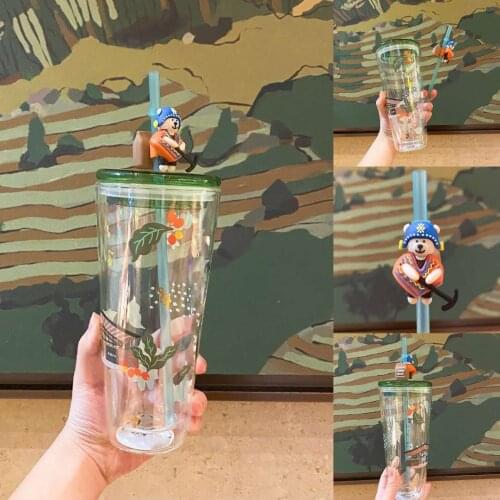 Star Papa 2021 Coffee Farmer Bear Double Glass Straw Cup Large Capacity Glass Water Cup Gift Cup