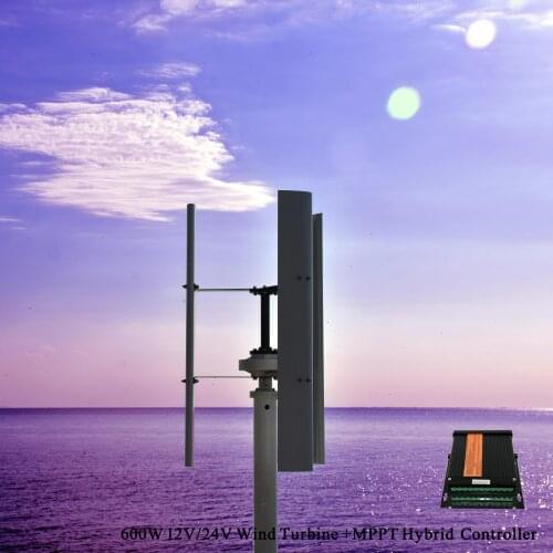 600W 12V 24V Wind Turbine Generator White VAWT Vertical Axis Residential Energy With PWM/MPPT BOOST Hybrid Charger Controller