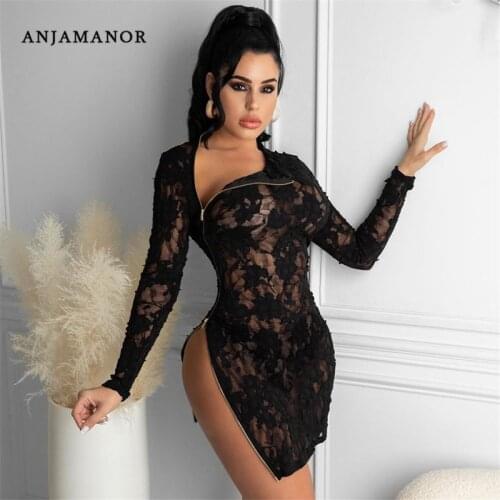 ANJAMANOR Sexy Plus Size Mesh Lace Transparent Bodycon Dress Clubwear Zipper High Slit Long Sleeve Micro Mini Dress D26-CF23