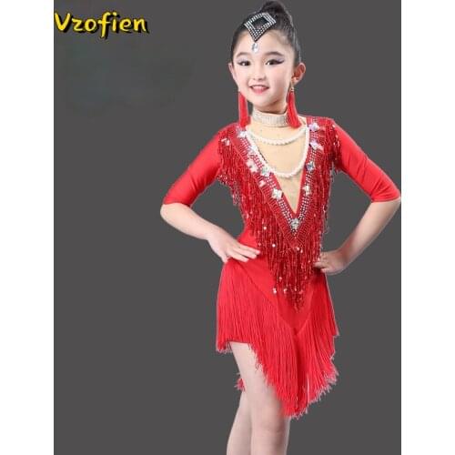 Sequin Tassel Latin Dance Dress for Girls Rumba Cha Cha Samba Competition Dancewear Kids Latin Professional Ballroom Dancing