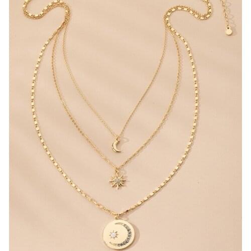 2020 New Trendy Gold Chain Triple layers Crescent Moon Star Sunflower Necklace Korean Fashion Party Jewelry