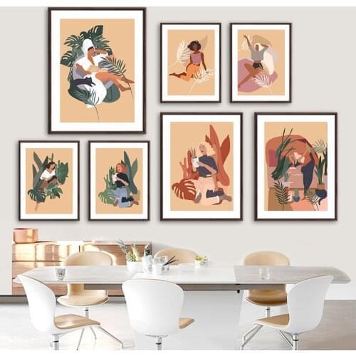 Girl Monstera Leaf Green Plant Wall Art Canvas Painting Nordic Posters And Prints Wall Pictures For Living Room Bohemian Decor