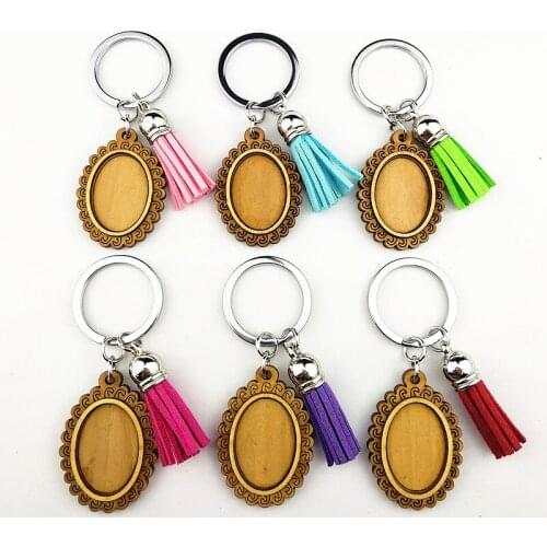 Jiangzimei 24pcs oval 18x25mm square 25MM round 25mm Wood Cabochon Stainless Steel Keychain Blank Wooden pendant with tassels