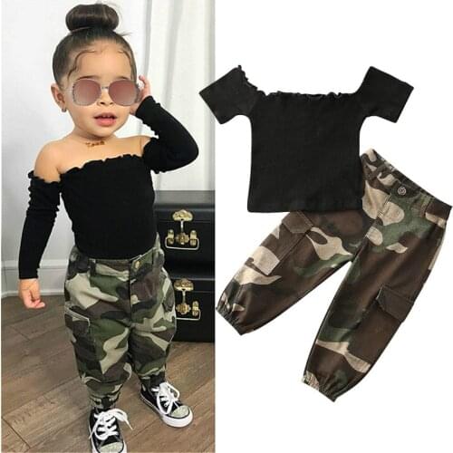 Baby Girls Clothes Sets Kids Off Shoulder T-shirt Tops Camouflage Pocket Sweatpants Children Tracksuits Girls Outfits