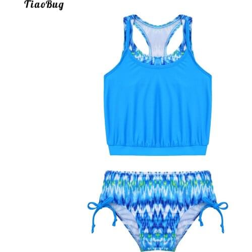 TiaoBug Summer 2Pcs Kids Girls Swimwear Round Neck Sleeveless Racer Back Vest Top And Briefs Set Beach Bikini Bathing Swimwear