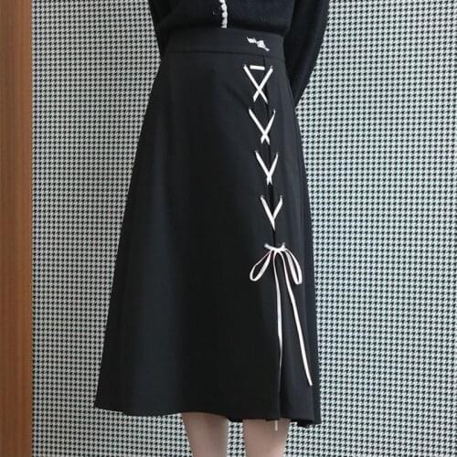 Sweet Girl Black Gothic Midi Skirts Women Autumn Long Elegant Designer Sikrt Female Street Japan Korean Bangdage Skirts Women