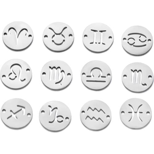 12pcs Mixed Zodiac Charms 12mm Mirror Polish Zodiac Signs with Two Holes Stainless Steel Twelve Constellation Gold Charm Jewelry