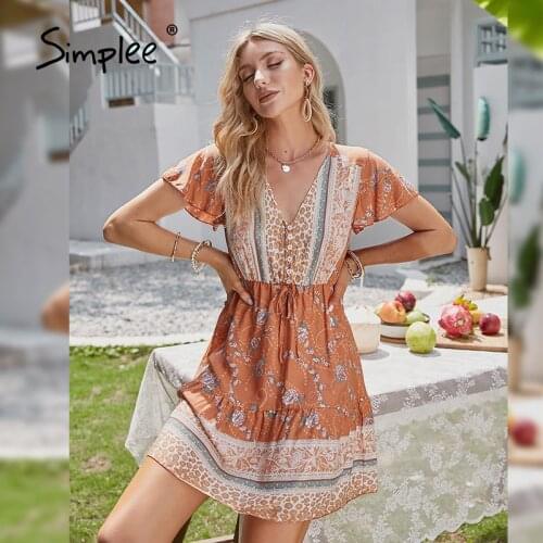 Simplee Bohemian Vintage Print V-neck Dress Summer Casual High Waist A-line Women Beach Dress 2021 Chic Flared sleeve Vestidos