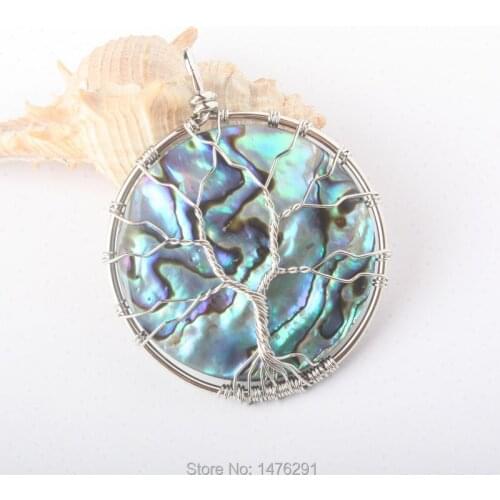 44x44MM NEW Steel Wire Winding Tree of Life Natural Abalone Shell Round Pendant 1 PCS