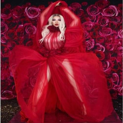 See Through Dress Red Flowers dresses Birthday Celebrate Dress Evening Bar Singer Show Stage Outfit Dance Long Dress