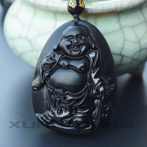Drop Shipping Mens crystal Necklace Pendant Natural Obsidian Maitreya Big belly Buddha Pendant for Females Fine Jade Jewelry