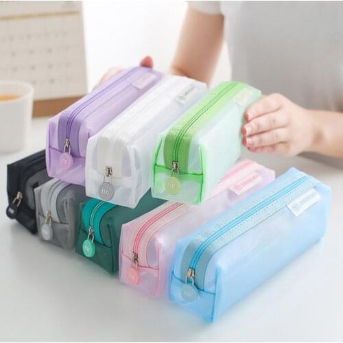 School Mesh Pencil Box Bag Cases Kawaii Cute Solid Color Transparent School Student Supplies Lapis Stationery Storage Bag 05170