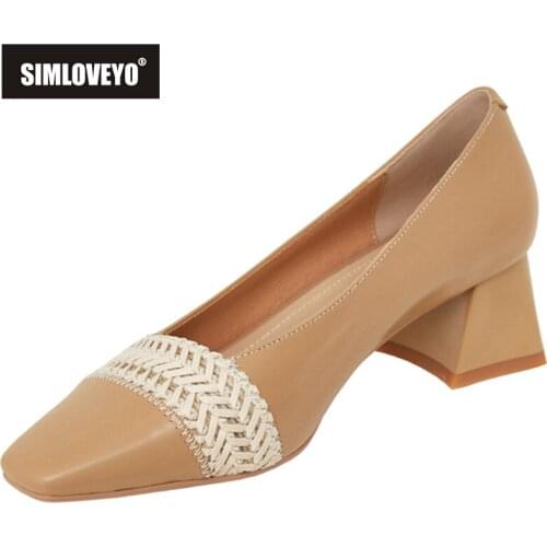 SIMLOVEYO New 2021 Women Pumps Square Toe 5cm Block Heels Genuine Leather Patchwork Soft Comfort Vintage Big Size 40 B2437