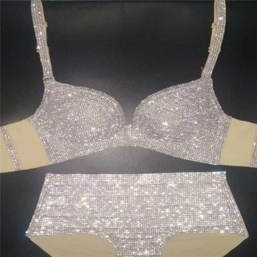 H45 Pole Dance Rhinestone Party Diamond Singer Show Fashion Mesh Sexy Bar Hot Bra Set Elasticity Bikini Dj Club