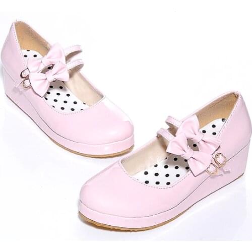 Lolita Shoes Pink Mary Jane Womens Shoes Wedges Heels Platform Pumps Japanese Cosplay Girls Shoes Cute Bow Kawaii Shoes Woman