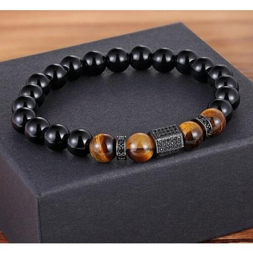 TYO Vintage New Design African CZ Charm Stretch 8MM Tiger Eye Shiny Black Beads Bracelets Making DIY for Boy Mens Jewelry
