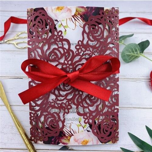 Gorgeous Burgundy Laser Cut Personalized Invites with burgundy Flower And Bowtie
