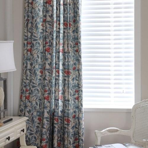 Custom Vintage Printed Curtains Blackout Blue Plants Flowers Cotton Linen French Windows Door Curtain for Living Room Bedroom
