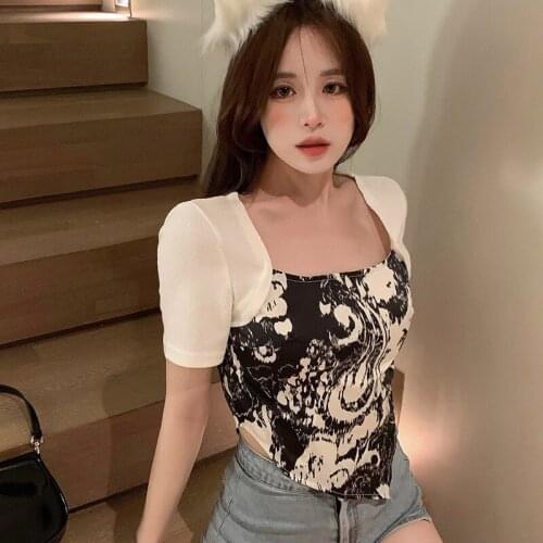 Women Square Neck Irregular Slim Short Sleeve T-Shirt Tops Summer Crop Top Tees Slim Female Clothing T-shirts