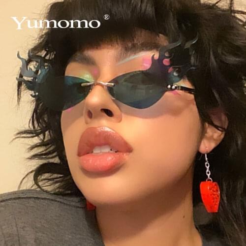 Strampunk Fashion Fire Flame Sunglasses Women Men Brand Design Rimless Wave Eyewear Luxury Trending Narrow Sun glasse Streetwear