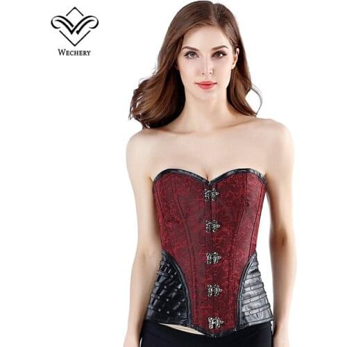 Wechery Corset Sexy Steampunk Womens Gothic Clothing Slimming Corset Plus Size Red Strapless Tops Floral Rivets