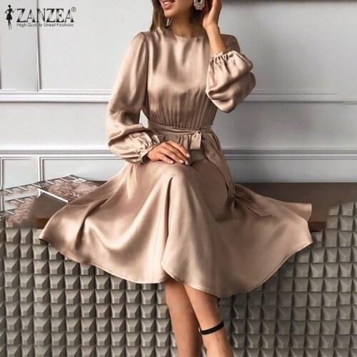 Womens 2021 Autumn Midi Dress ZANZEA Fashion Satin Vestidos Female Elegant Puff Sleeve Robe Office Lady Party Solid Dresses