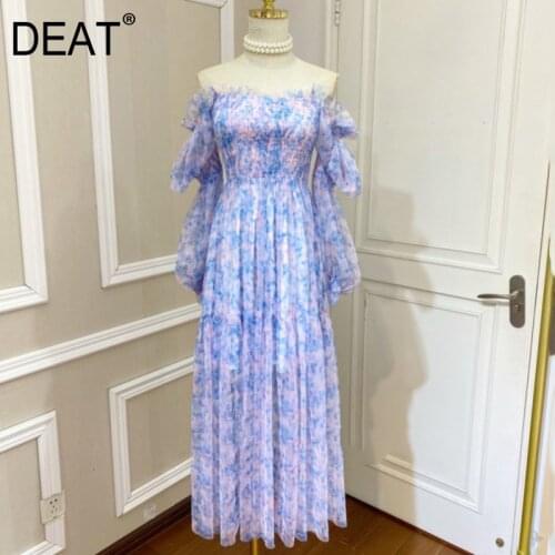 DEAT Women Dress Printed Edible Tree Fungus Lantern Sleeve Empire Waist Slash Neck Thin Vintage Style 2021 New Summer 15XF150