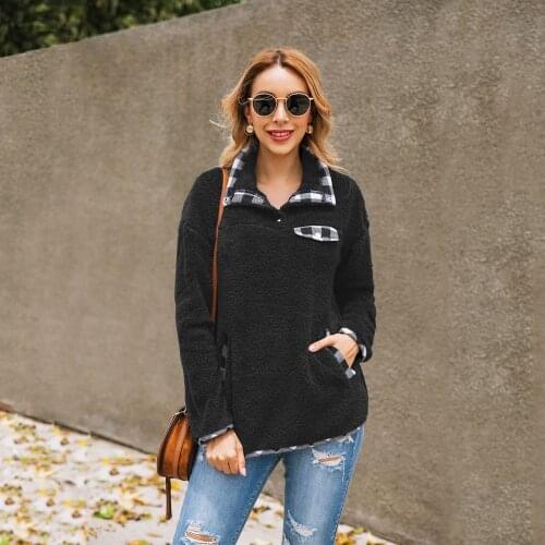 2020 Lattice Spliced Pocket Casual Plush Hoodies Women Winter Autumn Outwear Zipper Sweatshirt Long Sleeve Loose Pullovers Tops