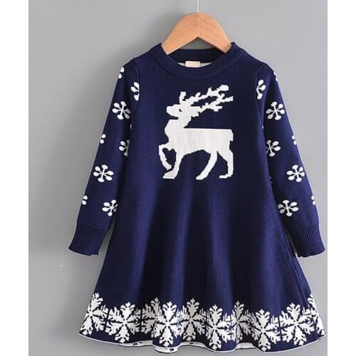 27KIDS Girls Autumn Princess Christmas Deer Dress For Kids Clothes Knitted Skirt Children Clothing Winter Long-Sleeve