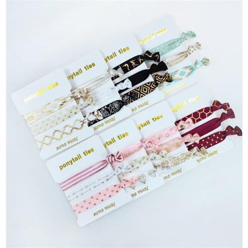 50 cards/lot, Fold Over Elastic Hair Band 8 different sets cute printed Elastic Hair Ties FOE girl Hair Accessories