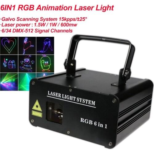 6IN1 Full Color Animation Laser Projector DMX512 Scanner DJ Disco Party Wedding Holiday 600MW 1W 1.5W Stage Lighting Effect