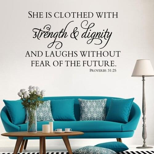 Scripture Bible Verse Art Vinyl Wall Sticker Mural Proverbs 31:25 Quotes Decals Bedroom Decor Living room AY1982