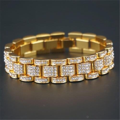 Bling 15mm 20cm Gold Silver Color Hip hop Mens Rhinestone Watchband Chain Bracelet Tank Bangles For boys Punk Jewelry