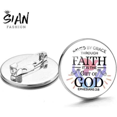 SIAN God Is The Strength Of My Heart Bible Verse Psalm Circle Brooch Pin Glass Badges Religious Jewelry New Brooches Accessories