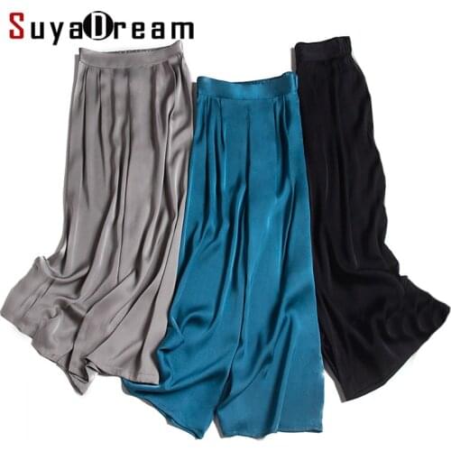 SUYADREAM Silk Solid Pants Women Silk Satin Ankle-Length Wide Leg Pants 2020 Autumn Gray Blue Elegant Office Chic Trousers