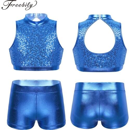 Sequins Kids Girls Jazz Dance Costumes Ballet Gymnastics Leotard Shorts Set for Birthday Gift Ballet Class Performance Clothes