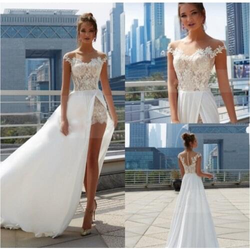 Elegant Wedding Dresses Chiffon 2021 Sexy High Split Boho Wedding Dresses Свадебное Платье Lace Appliqued Bridal Gowns Stunning