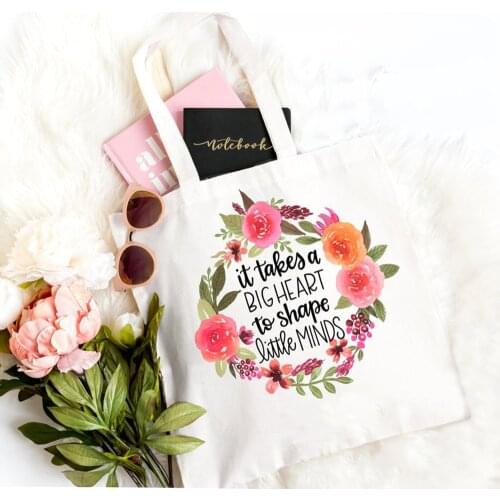 It Takes A Big Heart To Shape Little Mind Canvas Reusable Shopping Bag Teacher Shoulder Cloth Bags Fashion Gift Shopper Tote Bag