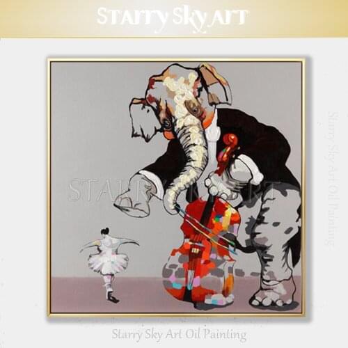 Skilled Painter Hand-painted Modern Wall Art Elephant Playing Violin and Lady Dancing Ballet Oil Painting for Wall Decoration