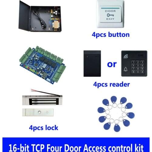 RFID access control kit,TCP/IP four door access control+powercase+180kg magnetic lock+ID reader+button+10 ID tag,sn:kit-B403