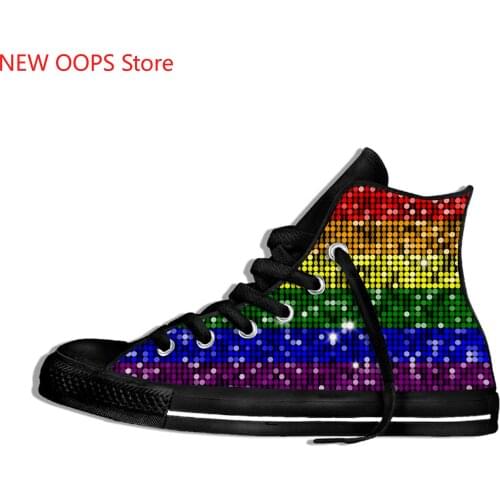 Glitter Rainbow Pride Flag Design Fashion Lightweight High Top Canvas Shoes Men Women Casual Breathable Sneakers